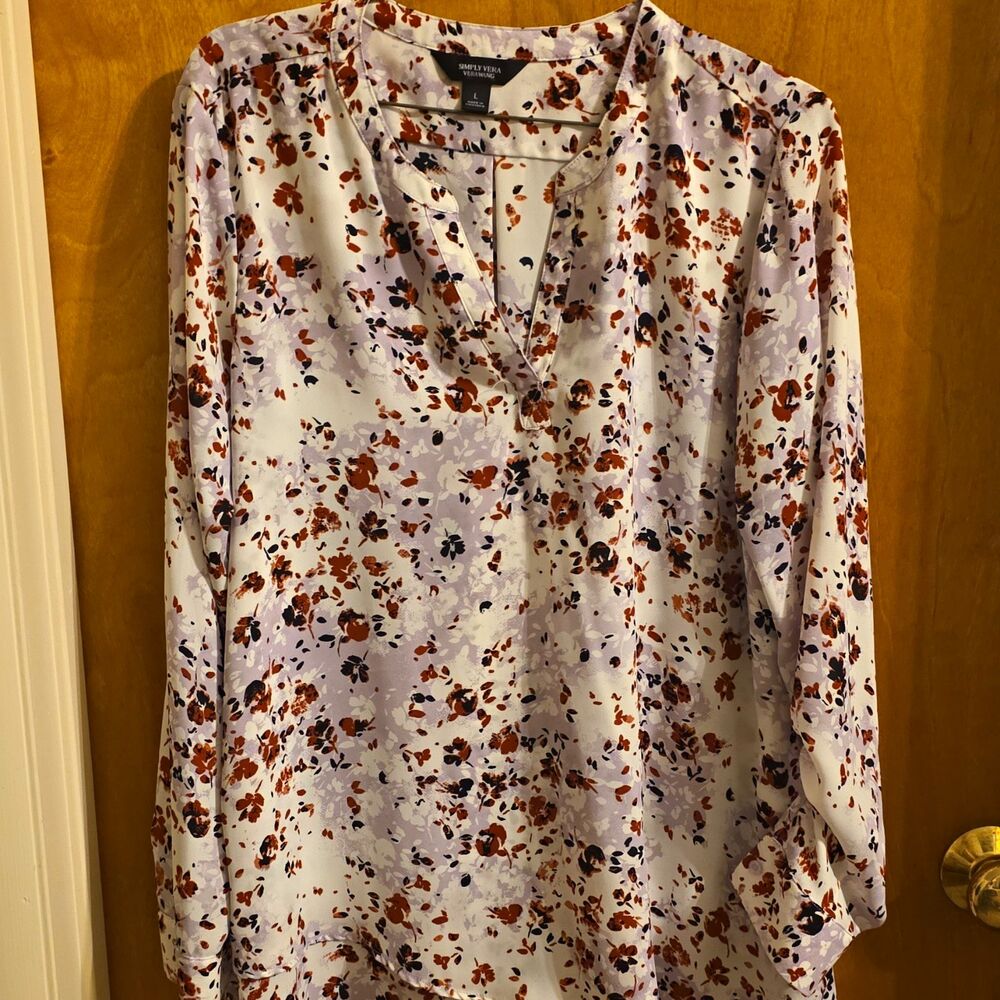 Simply Vera Vera Wang womens L floral v neck long sleeve pullover tie blouse